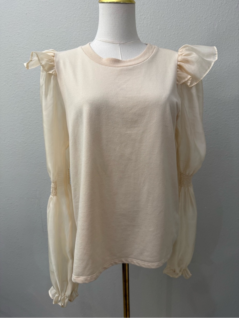 Anthropologie Cream Ruffle-Sleeve Sweatshirt